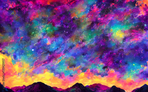 There is a dreamy psychedelic space landscape in front of me. It's very beautiful, with swirls of colors and stars shining brightly. I feel like I'm in another world entirely.