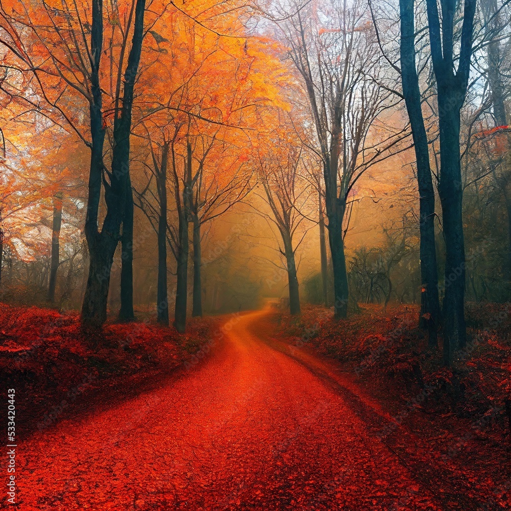Fototapeta premium autumn forest with orange leaves and a path, unpaved road throught the middle