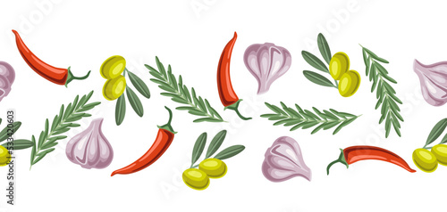 Seamless pattern with rosemary and chili pepper, olive branch and garlic. Spicy for cooking.