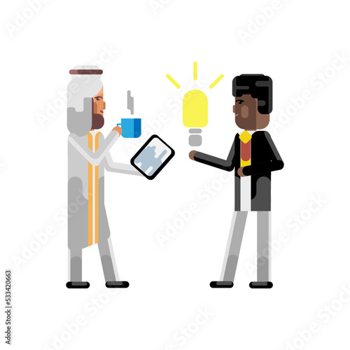 African man holding idea light bulb and arabic businessman with coffee cup and tablet pc. Corporate multicultural business people vector illustration.