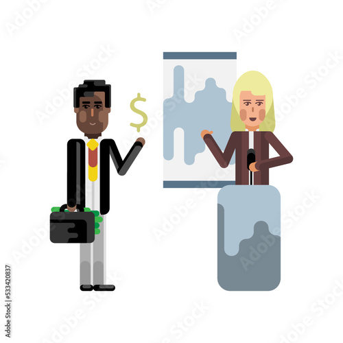 Blonde woman on tribune doing business presentation and african investor holding money suitcase. Corporate multicultural business people vector illustration.