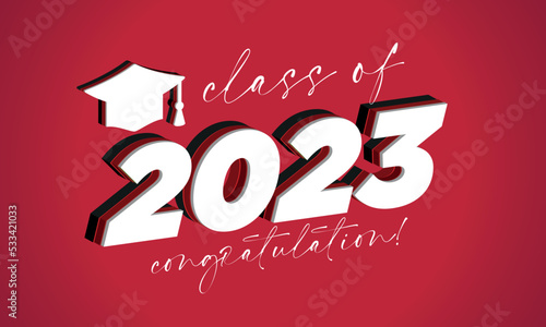 Class 2023. Stylized inscription with the year and the graduate's cap. Vector illustration for graduation themed design, simple style.