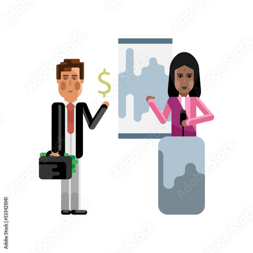 Indian speaker on tribune doing business presentation and european investor holding money suitcase. Corporate multicultural business people vector illustration.