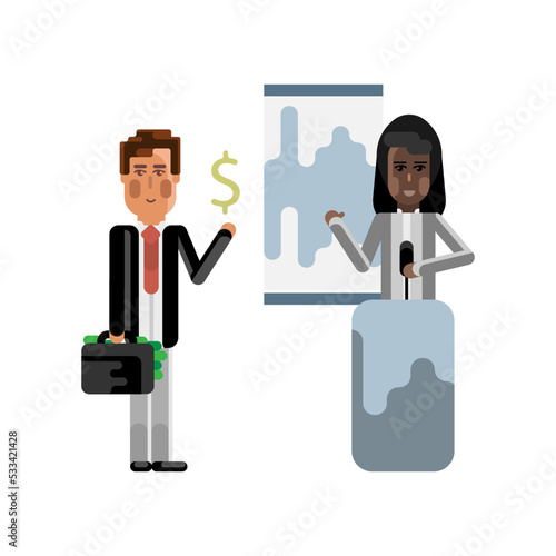 Black woman on tribune doing business presentation and european investor holding money suitcase. Corporate multicultural business people vector illustration.