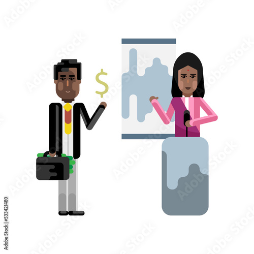 Indian speaker on tribune doing business presentation and african investor holding money suitcase. Corporate multicultural business people vector illustration.