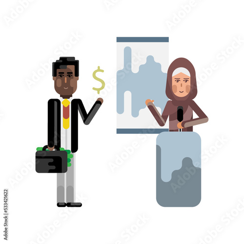 Arabic woman on tribune doing business presentation and african investor holding money suitcase. Corporate multicultural business people vector illustration.