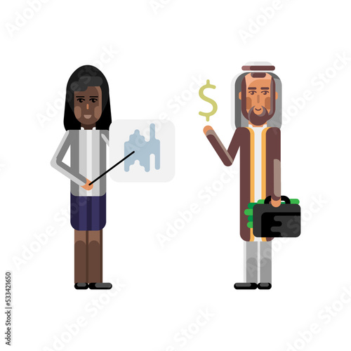 African woman doing business presentation with financial diagram and arabic investor holding money suitcase. Corporate multicultural business people vector illustration.