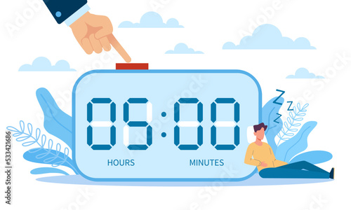 Routine of lazy employee, morning anxiety and cancellation of business work. Sleeping tiny man and huge watches, turn off alarm. Procrastination and laziness. Snooze vector cartoon concept