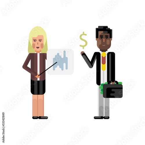 Blonde woman doing business presentation with financial diagram and african investor holding money suitcase. Corporate multicultural business people vector illustration.