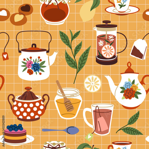 Tea time seamless pattern. Tasty breakfast sweets and desserts with hot drinks mugs and ceramic cups, sweet cakes, pastries jam and honey, kettle and teapot. Decor textile tidy vector print