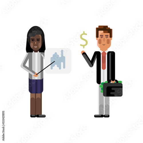 African woman doing business presentation with financial diagram and european investor holding money suitcase. Corporate multicultural business people vector illustration.