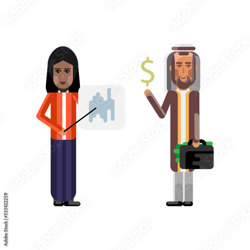 Indian woman doing business presentation with financial diagram and arabic investor holding money suitcase. Corporate multicultural business people vector illustration.