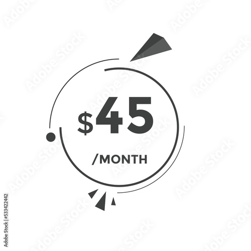 45 dollar price tag. Price $45 USD dollar only Sticker sale promotion Design. shop now button for Business or shopping promotion
