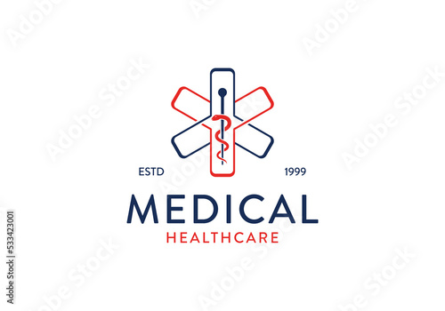 Star of life with caduceus snake. Medical health care logo design template