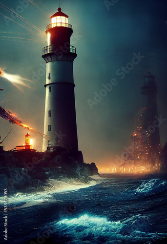 lighthouse on the coast at night with sea and waves