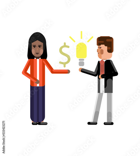 European businessman holding idea light bulb and indian businesswoman with dollar sign in hand. Corporate multicultural business people vector illustration.