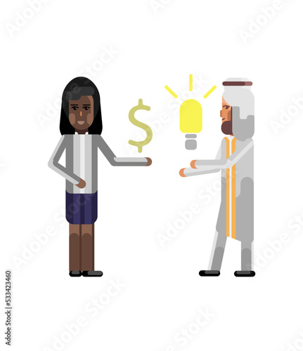 Arabic businessman holding idea light bulb and african businesswoman with dollar sign in hand. Corporate multicultural business people vector illustration.