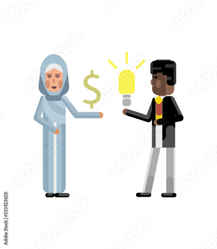 African businessman holding idea light bulb and arabic businesswoman in hijab with dollar sign in hand. Corporate multicultural business people vector illustration.