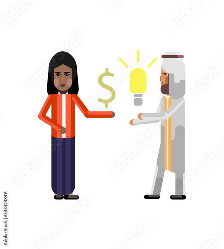 Arabic businessman holding idea light bulb and indian businesswoman with dollar sign in hand. Corporate multicultural business people vector illustration.