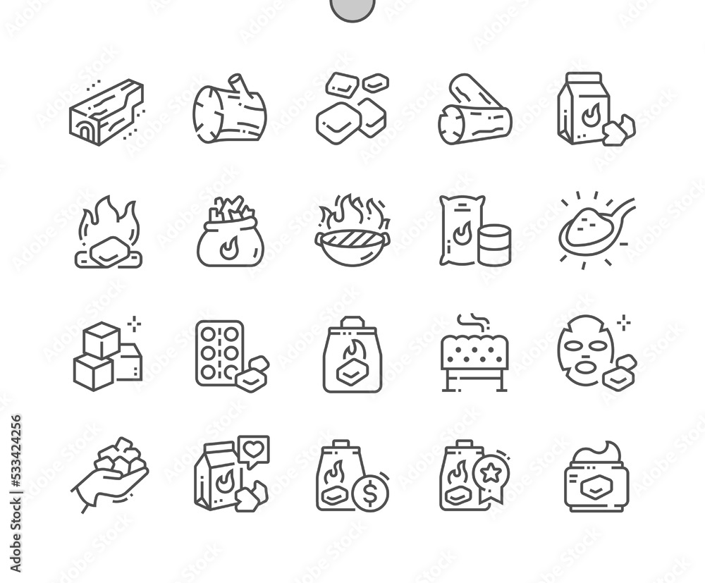 Charcoal. Bonfire. Burning coal for barbecue. Block of wood. Pixel Perfect Vector Thin Line Icons. Simple Minimal Pictogram