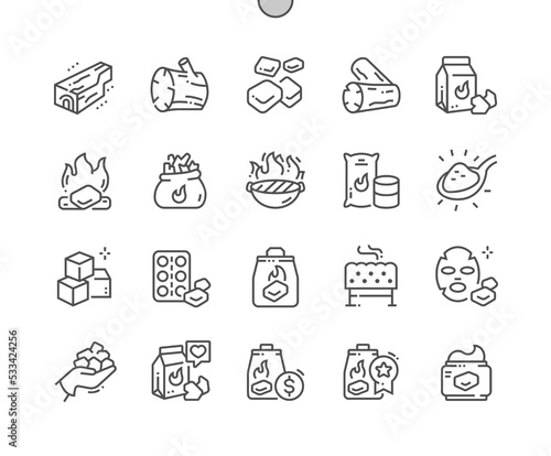 Charcoal. Bonfire. Burning coal for barbecue. Block of wood. Pixel Perfect Vector Thin Line Icons. Simple Minimal Pictogram