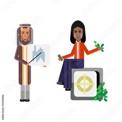 Arabic businessman showing financial diagram and indian businesswoman with smartphone sitting on bank safe full of money. Corporate multicultural business people vector illustration.