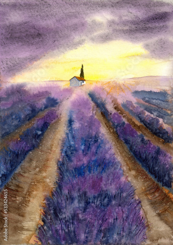 Watercolor illustration of a purple lavender field against a yellow sunset sky with a small house on the horizon