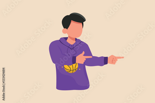 Young boy pointing with two hands and fingers to the side. Pointing concept. Flat vector illustrations isolated.