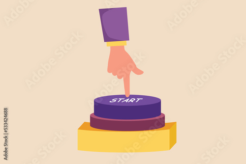 Hand pressing the start button. Pointing concept. Flat vector illustrations isolated.