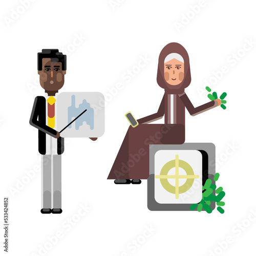 African businessman showing financial diagram and arabic businesswoman with smartphone sitting on bank safe full of money. Corporate multicultural business people vector illustration.