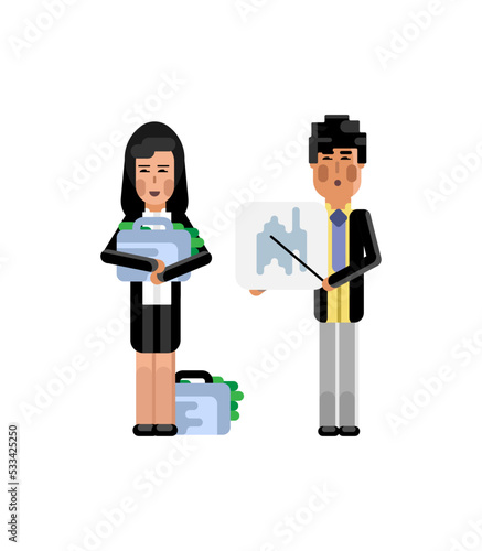 Asian businessman showing financial diagram and businesswoman holding money suitcase. Corporate business people isolated vector illustration.