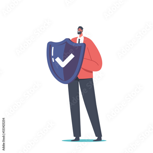 Man Holding Shield with Tick Sign. Isolated Male Character Fight with Danger, Cyber Virus Attack. Data Base Protection