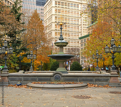 Photography City Hall Fountain with old-fashioned lanterns in autumn