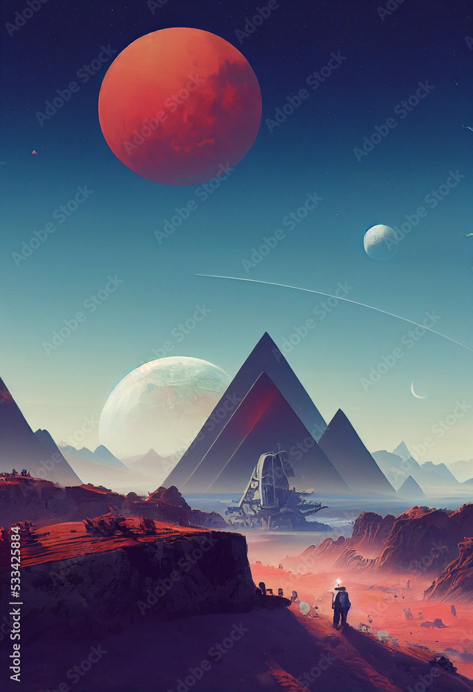 unreal world with planets, mountains and out of earth cartoon vibe
