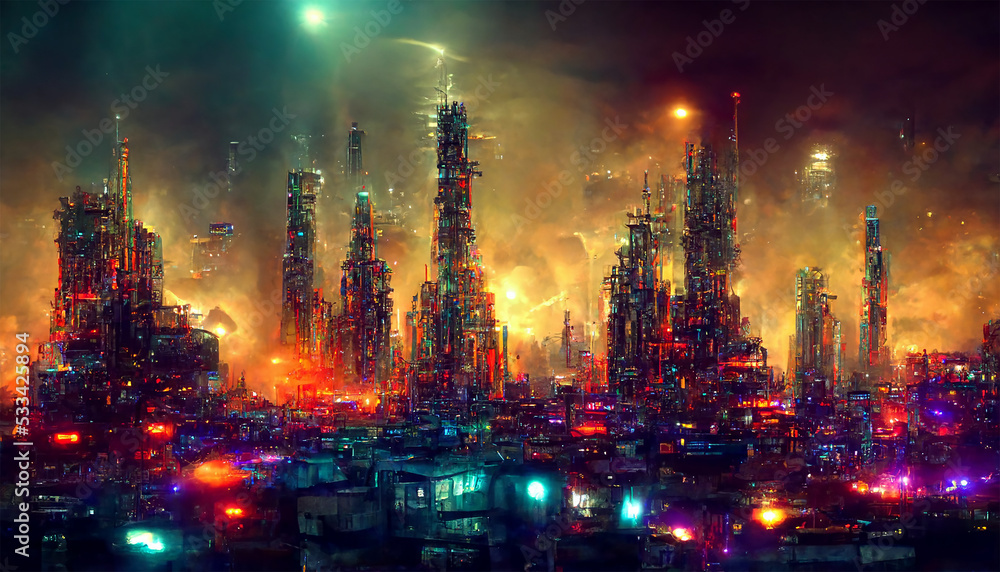 Futuristic Sci-Fi Cyberpunk Atomic Energy Night Metropolis 3D Art Illustration. Digital Painting AI Neural Network Generated Art Wide Wallpaper Futuristic Sci-Fi Cyberpunk Atomic Energy Night Metropolis 3D Art Illustration. Digital Painting AI Neural Network Generated Art Wide Wallpaper