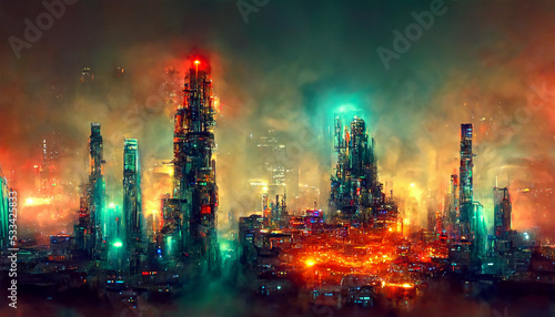Futuristic Sci-Fi Cyberpunk Atomic Energy Night Metropolis 3D Art Illustration. Digital Painting AI Neural Network Generated Art Wide Wallpaper