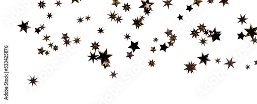 Banner with golden decoration. Festive border with falling glitter dust and stars.