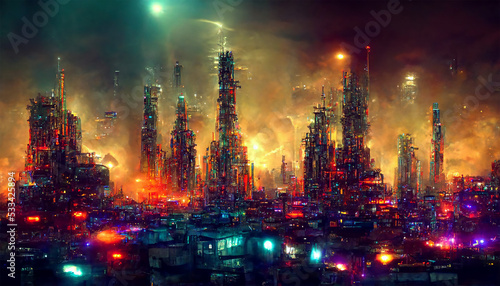 Futuristic Sci-Fi Cyberpunk Atomic Energy Night Metropolis 3D Art Illustration. Digital Painting AI Neural Network Generated Art Wide Wallpaper