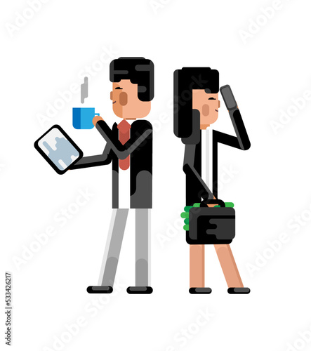 Asian businessman with tablet computer and businesswoman with money suitcase and mobile phone. Corporate business people isolated vector illustration.