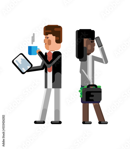 European businessman with tablet computer and african businesswoman with money suitcase talking on phone. Corporate multicultural business people isolated vector illustration.