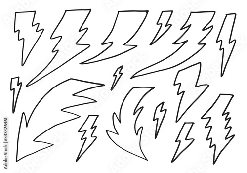 Fototapeta Naklejka Na Ścianę i Meble -  set of hand drawn vector doodle electric lightning bolt symbol sketch illustrations. thunder symbol doodle icon.