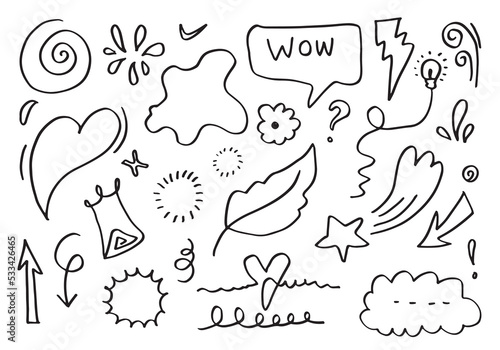 leaves, hearts, abstract, ribbons, arrows and other elements in hand drawn styles for concept designs. Doodle illustration. Vector template for decoration