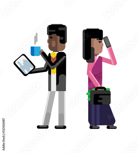 African businessman with tablet computer and indian businesswoman with money suitcase talking on phone. Corporate multicultural business people isolated vector illustration.
