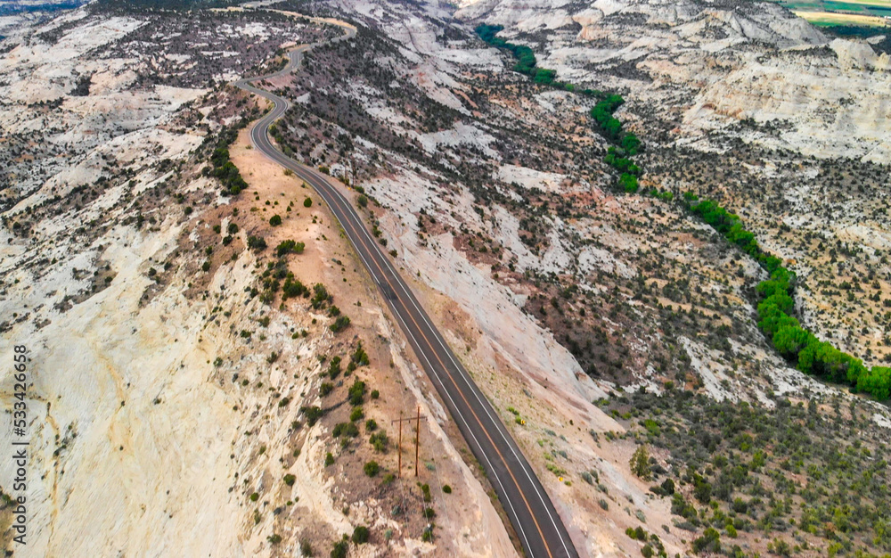 Drone aerial view of beautiful road across the canyon