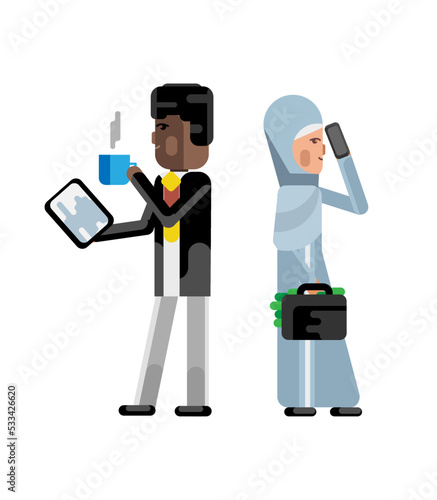 African businessman with tablet computer and arabic businesswoman with money suitcase and mobile phone. Corporate multicultural business people isolated vector illustration.