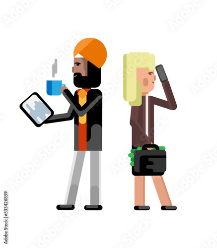 Indian businessman with tablet computer and blonde businesswoman with money suitcase talking on phone. Corporate multicultural business people isolated vector illustration.