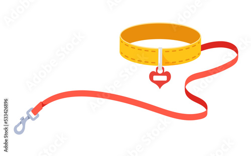 Leash And Collar, Cats Accessory With Heart Label Or Name Plate Isolated On White Background. Equipment For Animal
