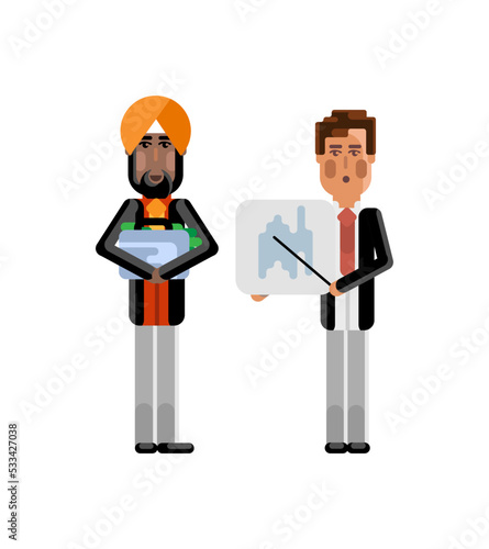 European businessman showing financial diagram and indian investor holding money suitcase. Corporate multicultural business people isolated vector illustration.