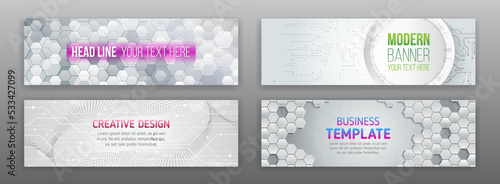 Abstract horizontal promotion media cover design. Big data futuristic web background. Visualization of data arrays, databases. Information flow, sorting. Set of Hi-tech banner templates for websites. photo