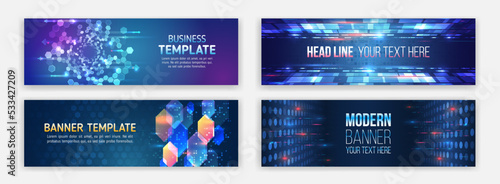 Abstract horizontal promotion media cover design. Big data futuristic web background. Visualization of data arrays, databases. Information flow, sorting. Set of Hi-tech banner templates for websites.